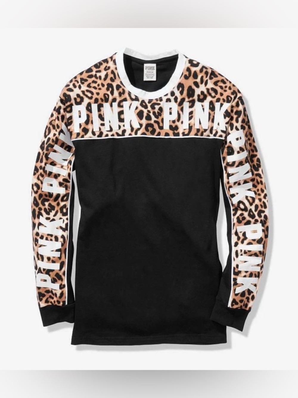 VS PINK LONG SLEEVE CAMPUS TEE SHIRT LEOPARD CHEETAH COLORBLOCK LOGO HTF RARE M